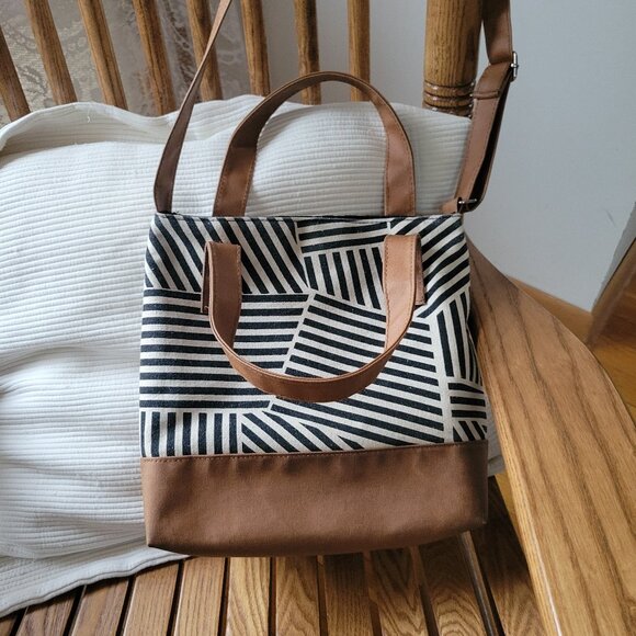 short stories Handbags - Short Stories Canvas Crossbody Tote Bag | Geometric Stripe | Brown & Black